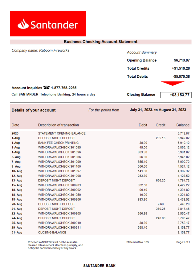 Modèle Word et PDF de relevé de compte d'entreprise de la Banque Santander